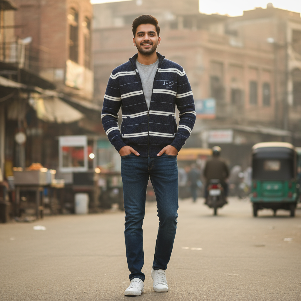 Men’s Navy & White Striped Full-Zip Knitted Sweater