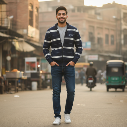 Men’s Navy & White Striped Full-Zip Knitted Sweater