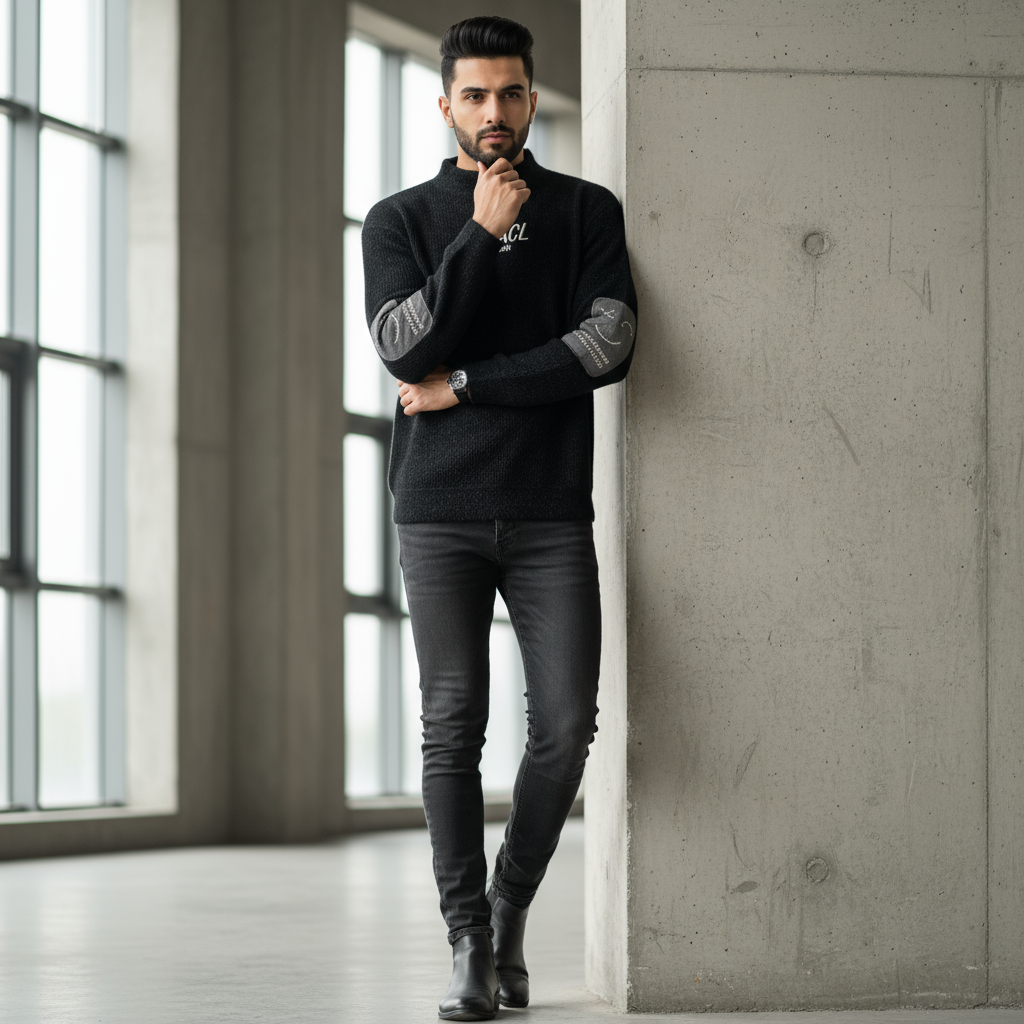 Men’s Premium Charcoal Knit Sweater – Embroidered Streetwear Edition