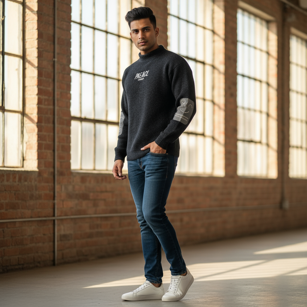 Men’s Premium Charcoal Knit Sweater – Embroidered Streetwear Edition