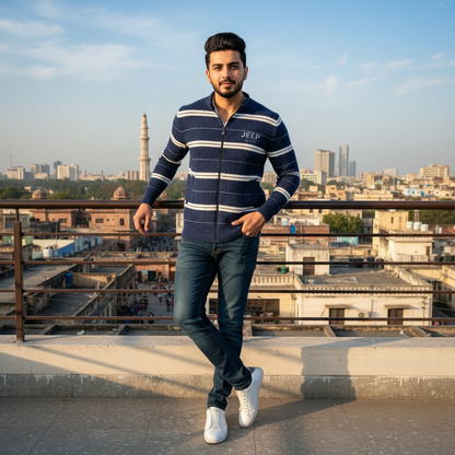 Men’s Navy & White Striped Full-Zip Knitted Sweater