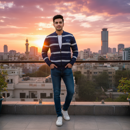Men’s Navy & White Striped Full-Zip Knitted Sweater