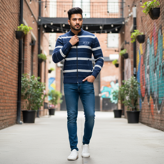 Men’s Navy & White Striped Full-Zip Knitted Sweater