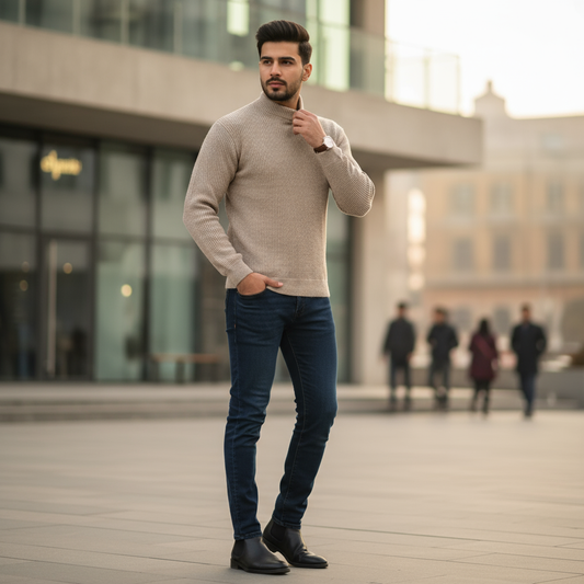 Men’s Premium Beige Ribbed Winter Sweater – High-Neck | Minimal Classic Knitwear