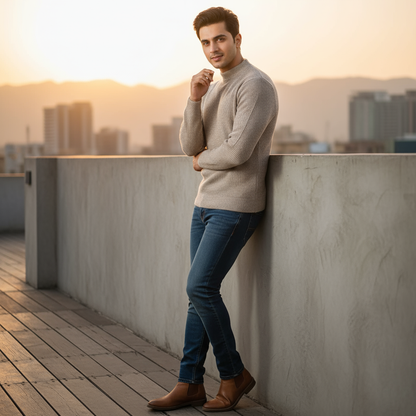 Men’s Premium Beige Ribbed Winter Sweater – High-Neck | Minimal Classic Knitwear